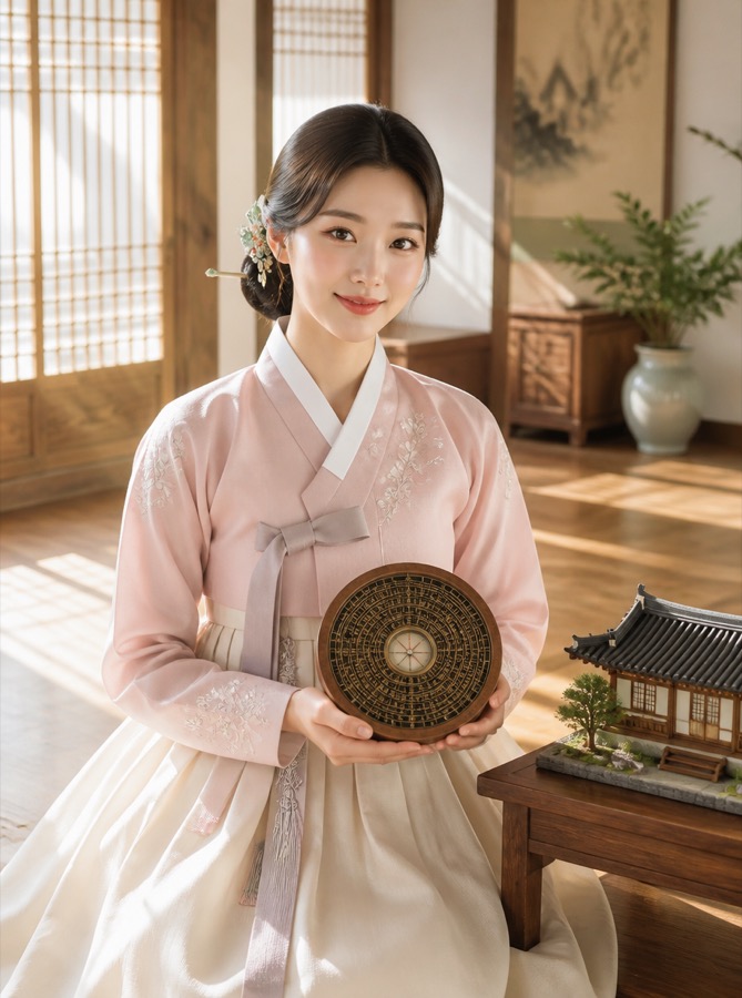 한옥 대청에서 패철을 든 연화 선생